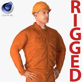 Builder Wearing Orange Coveralls Rigged for Cinema 4D 3D